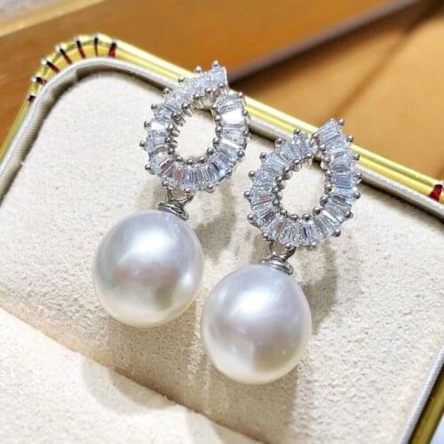 HENGSHENG New Luxury Zircon Earrings 9-10mm White Natural-Ocean Pearls Drop Earrings 925 Sterling Silver Women Wedding Jewelry