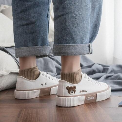 Bear Canvas Shoes Female 2021 Spring New Vulcanized Sneakers Korean Students White Shoes Lace-up Shoes Tide