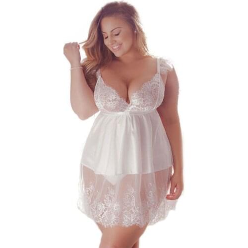 Hot Sexy Women Plus Size 3XL-5XL Lace Bow Lingerie Sleepwear G-String Thong Underwear Nightwear Night Dress large size koszula