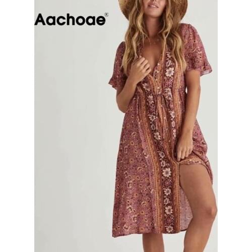 Aachoae Women Dresses 2021 Summer V Neck Boho Floral Print Sexy Buttons Dress Ruffle Short Sleeve Elastic Waist Beach Dress