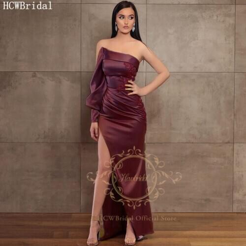 Sexy Dark Red Strapless Prom Dresses Side Slit One Shoulder Chic Beads Satin Special Occasion Dress Plus Size Formal Women Gowns