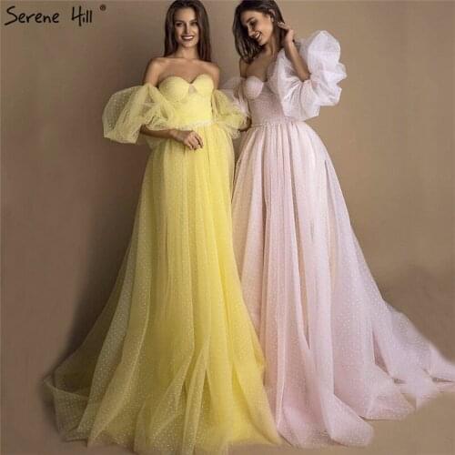 Serene Hill Yellow Pink A-Line Sexy Prom Dress 2020 Circular Pattern Short Lantern Sleeves Evening Gown CLA70457