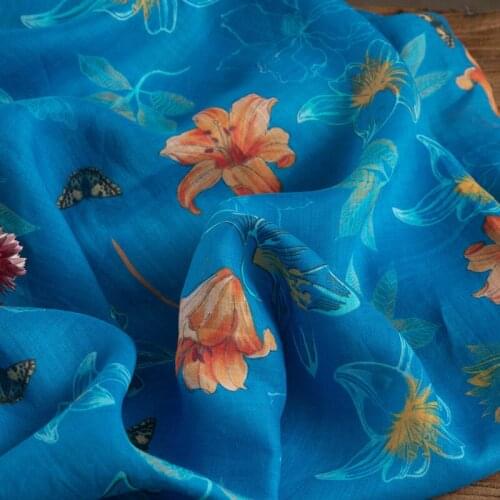 High quality flax material Butterfly flower printing patchwork High grade robe dress cheongsam fabric