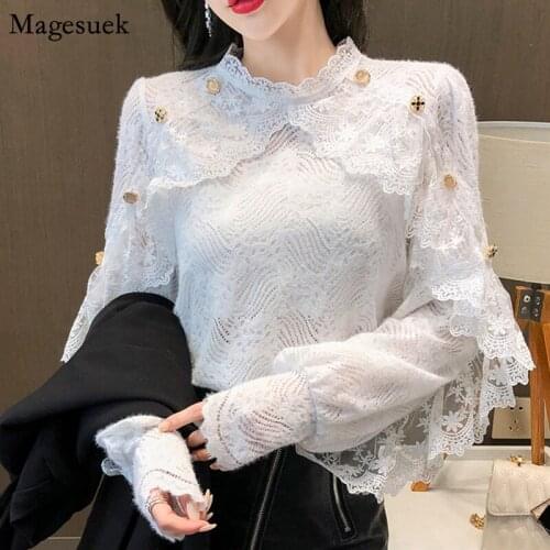 Spring Crochet Lace White Blouse Women 2021 Long Sleeve Blouses Women Casual Chic Floral Ladies Office Shirt Tops Blusas 13025