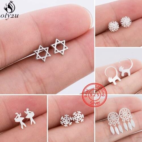 Bohemia Dreamcatcher with Feather Earrings Women 925 Sterling Silver Jewelry Small Ballet Snowflake Ear Studs pendientes mujer