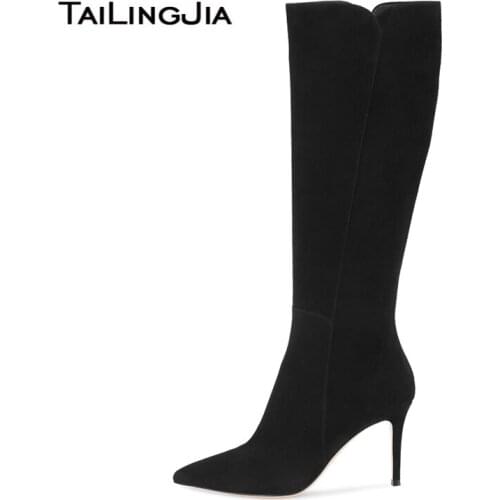 "Black Faux Suede Knee High Boots 2019 Women Shoes Woman Winter High Heel Fashion Ladies Tall Long Boot Pointed Toe Big Size 12