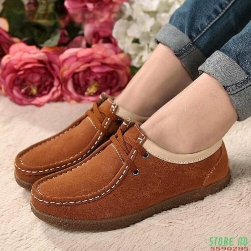 New Spring Autumn Casual Shoes Woman Cow Suede Leather Women Shoes Lace-Up Womens Loafers Moccasins Flats Soft Female Sneakers