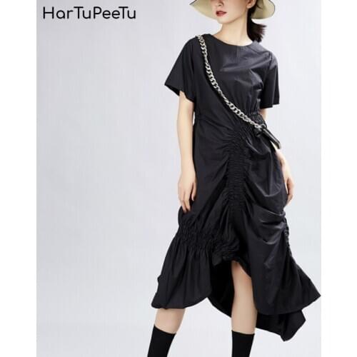 Summer Dress Women 2020 Plus Size Irregular Hem Pleated Tunic Vestidos Mujer Elegantes White Black Loose Fit Casual Streetwear