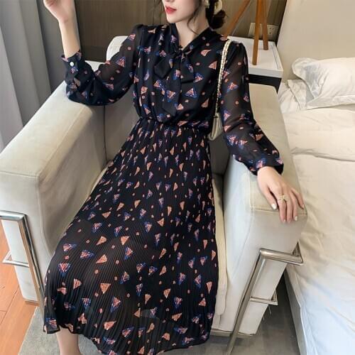Womens Chiffon Dress With Lining Spring Autumn Long Sleeve Elastic Waist Bow Single Breasted Pleated Dresses Female Vestidos