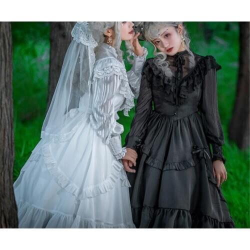 Women Gothic Vintage Lace Ruffle Lolita Long Sleeve Black/White Chiffon Dress Female Retro large pendulum dresses B633