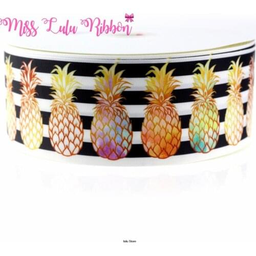 3"75mm gold pineapple and stripe printed grosgrain ribbon diy handmade hair bows party decoration cloth accessories 10 yards