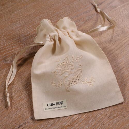 B003 : Beige Ecru ramie/cotton drawstring hand embroidery gift bags, 6x8 inches sachet bags, travel pouch, linen bag