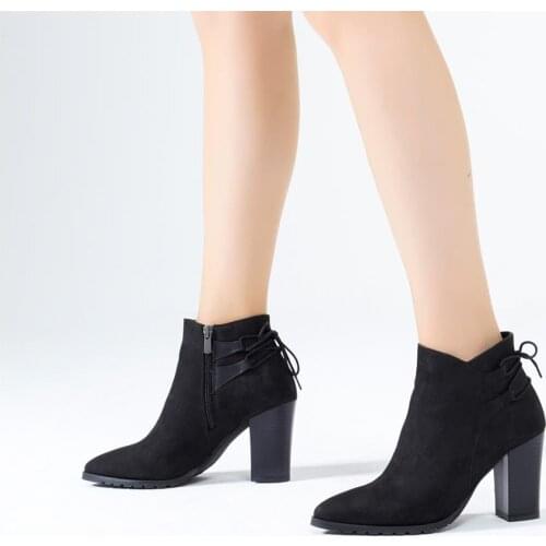 Callizio Women Genuine Leather Boots Ankle High Block Heel Lace Bow Tie Zipper Handmade Comfortable Designer Luxury Pointed Toe Black Brown Winter Big Size 10 Winter Warm Lining Ankle Boot Shoes Booties for Woman 2021