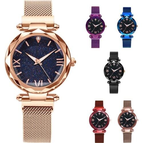 Women Starry Mesh Band Magnetic Buckle Roman Numeral Analog Quartz Wrist Watch Luxury Women Bracelet Watch For Female Clock