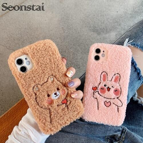 Fundas for iPhone 12 Pro Max Embroidery Cartoon Rabbit Winter Plush Case For iPhone XR Case XS 11 Pro 7 8 Plus 11 Pro Bear Cover