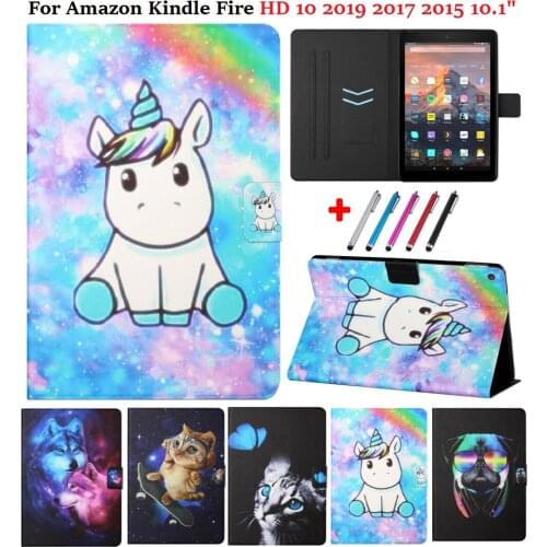 For Amazon Kindle Fire HD 10 2019 Cover Painted Unicorn Cat Wolf PU Leather Tablet Case for Kindle Fire HD10 2017 2015 Funda Pen