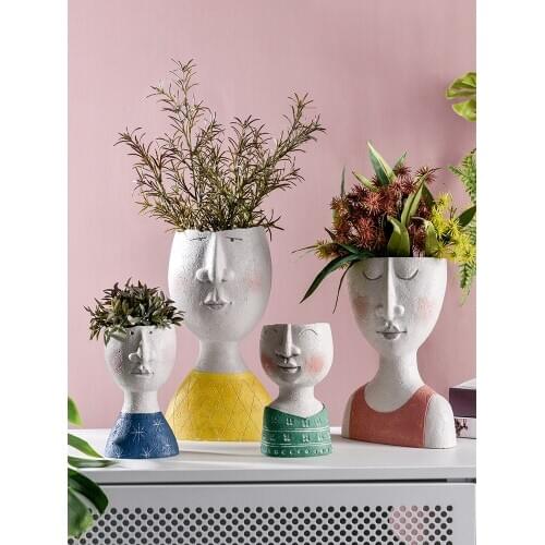 Art Portrait Head Flower Pot Family Planter Vase Sculpture Resin Human Face Handmade Garden Storage Pot Flower Arrangement Home