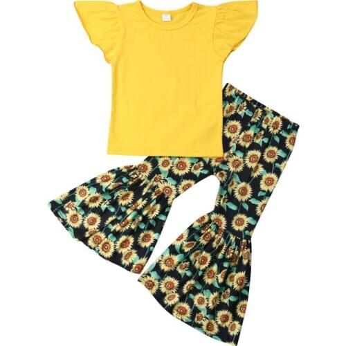 Newborn Kid Baby Girls Ruffle T-shirt Top+Sunflower Flared Pants Outfit Summer 2PCS Set 1-6Y
