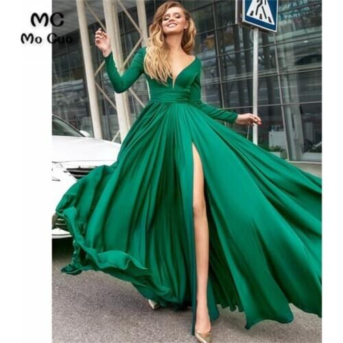 Elegant 2018 Long Sleeve Evening Prom dresses Long Deep V-Neck Front Slit Vestidos de fiesta Formal Evening Dress
