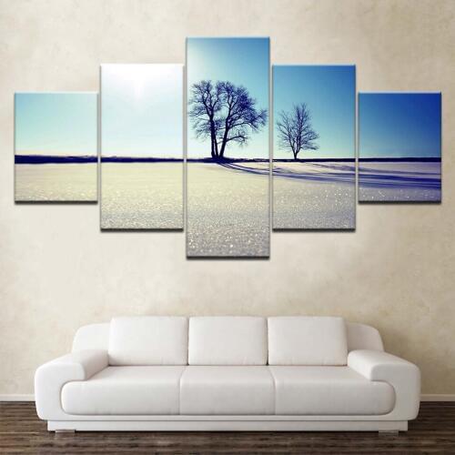 Canvas Painting Vintage Wall Art Framed Printed Picture 5 Panel Poster Sunrise Tree Desert Landscape Photo For Living Room Decor