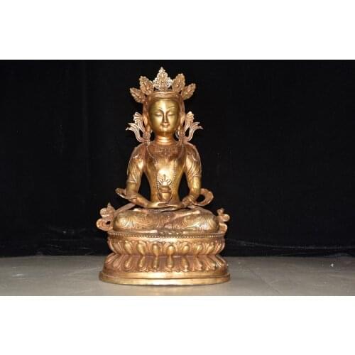 18"Chinese temple collection Old Bronze Gilt Double lotus Longevity Buddha Immortal Life Wisdom Tathagata Sitting Buddha
