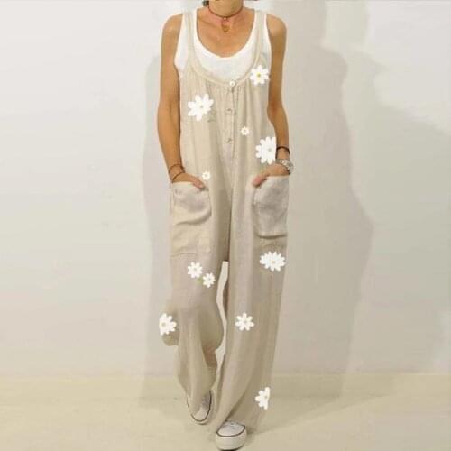 New Rompers Women Jumpsuits Female Casual Wide Leg Pants Long Jumpsuits Women Overalls Pocket Flower Print Playsuits 5XL