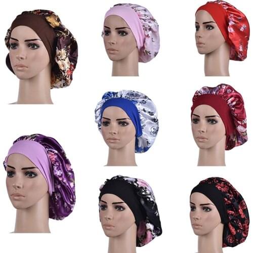 1pc Bath Shower Cap for Bathroom Adjust Solid Satin Bonnet Hair Styling Cap Long Hair Care Women Night Sleep Hat Silk Head Wrap