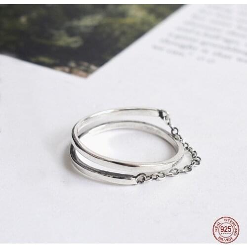 LKO Vintage Minimalism Chain Finger Ring 925 Sterling Silver Minority Design For Women Tide Flow Jewelry Adjustable Ring