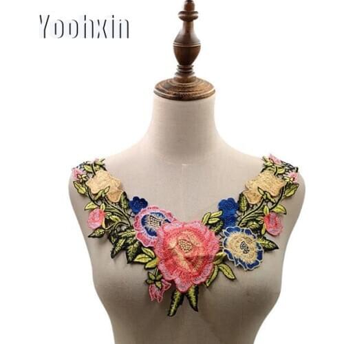 Fashion Colorful flower cotton Embroidery lace fabric trim ribbon DIY sewing applique collar craft dress guipure decor