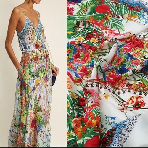 New European/American style brand same style dress printing fabric colorful, colorful plants and flowers garment sewing spring