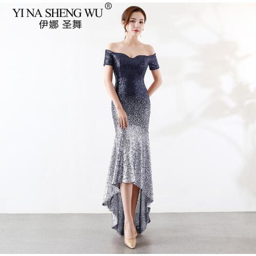 Sequined Dress Perspective Gradient Dress Short-Sleeved Dress Mermaid Short Front Long Back off The Shoulder Dress