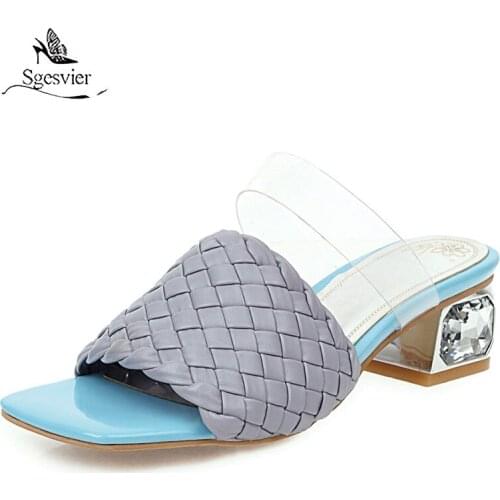 Sgesvier Summer Women Mules Shoes Outdoor Luxury Crystal Women Slide Low Heels Casual Knitted Beach Womens Slipper Large Size