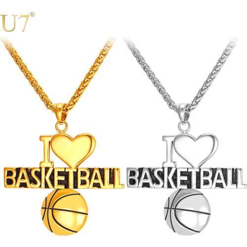 U7 Heart Necklace For Men Jewelry Sporty Stainless Steel Gold Color Jewelry "I Love Basketball" Fan Pendant & Necklace P846