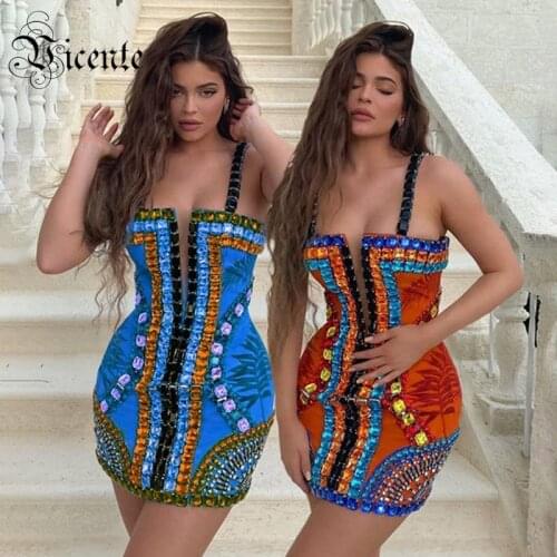 VC All Free Shipping Chic Luxury Crystals Embellished Leaves Print Design Celebrity Party Bandage Mini Slip Dress