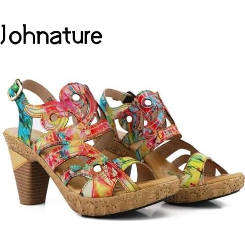 Johnature Retro Shoes Women Sandals Genuine Leather Buckle Strap Hand-painted 2021 New Concise National Style Platform Sandals