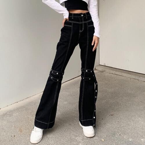 Flared Jeans High Waist Long Pants Women Bandage Pockets Bell-bottom Trousers for Work