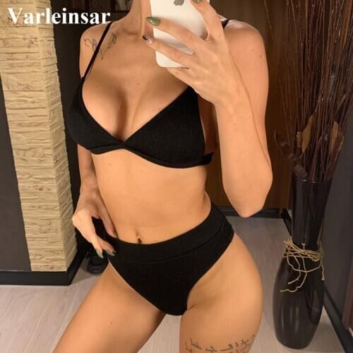 Female Swimsuit High Waist Bikini Special Fabric Women Swimwear Two-pieces Bikini set Ribbed Bather Bathing Suit Swim V2328P