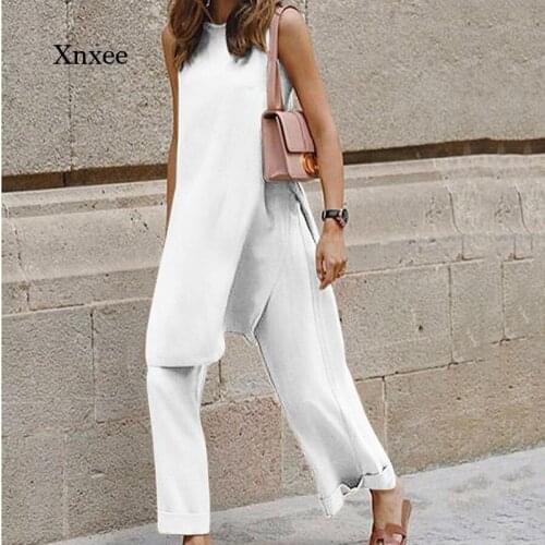 2021 Summer Casual Office Ladies Solid Color Two-Piece Womens Elegant O-Neck Blouse and Loose Trousers Sleeveless Suit