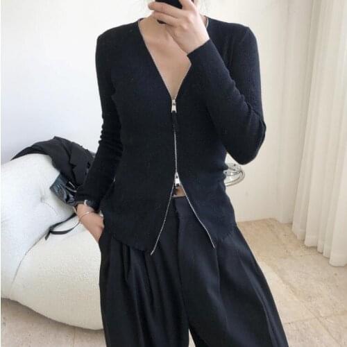 Womens V-neck Double zipper knitting Cardigan Sweater Long sleeve