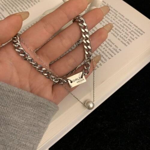 Hip Hop Double Layer Pearl Pendant Short Clavicle Chain Metal Thick Chain Choker Necklace For Women Chocker Party Jewelry