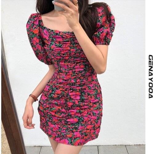 Genayooa Summer Clothes For Women 2021 Fashion Dress Puff Sleeve Floral Streetwear Mini Ladies Dress Slim Vestidos Korean Style