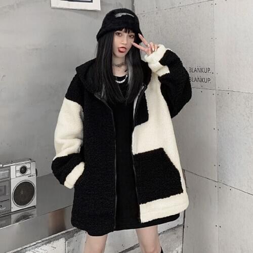 Winter Thicken Hooded Coat Cardigan Women Lamb Loose Zipper Street Harajuku Oversize Casual Fashion Warm Outerwear Female