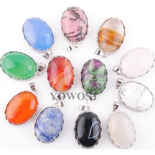 10Pcs Lovely Pendulum Natural Stone Egg Shape Bead Agates Rose Quartzs Rhodonite Turquoises Dangle Pendant Women Jewelry QBN376