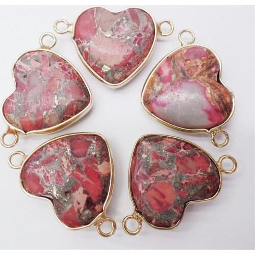 5Pcs 27x15x6mm Alloy Serging Rose & Brown Sea Sediment Jasper & Pyrite Love Heart Pendant DIY Jewelry Bracelet Accessories M461