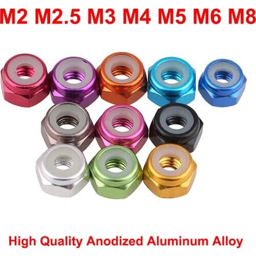 10pcs M2 M2.5 M3 M4 M5 M6 M8 High Quality Anodized Aluminum Alloy Nylon Insert Lock Nut Self-Locking Nut 11 Colours