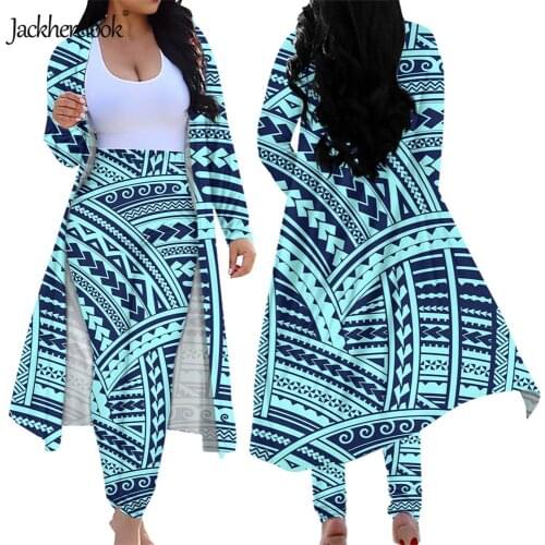 Jackherelook Polynesian Tribal Print Long Sleeve Cardigan Pants 2 piece Set Loose Sexy Outfits High Waist Leggings Womens Suits