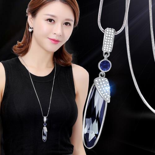 2019 New Crystal Bead Sweater Chain Necklace for Women Fashion Silver Color Stone Pendant Long Necklace Statement Neck Jewelry