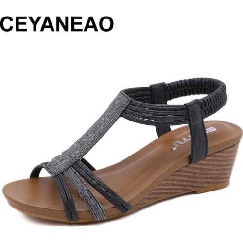 CEYANEAO 2021 Fashion Striped Open Toe Shoes For Woman Summer Dress Sandals Wedge Heel Female Lady Beach Casual Shoe Women 36-42
