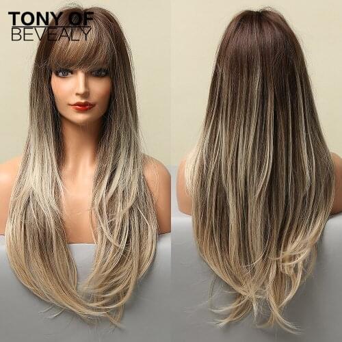 Long Straight Ombre Brown Blonde Synthetic Hair Wigs With Bangs for Women Cosplay Daily Natural Looking Wigs Heat Resistant