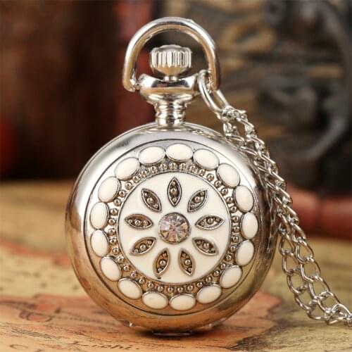 Elegant Flowers Pattern Design Necklace Watch Female Quartz Pocket Watch Silver Sweater Chain Pendant Tiny Pocket Clock